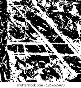 Grunge black and white abstract background. Vintage old surface in scratches, chips, cracks. Pattern for printing dirt, stains, scuffs. Texture monochrome dark