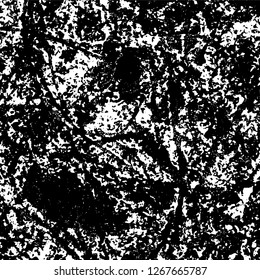 Grunge black and white abstract background. Vintage old surface in scratches, chips, cracks. Pattern for printing dirt, stains, scuffs. Texture monochrome dark