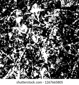 Grunge black and white abstract background. Vintage old surface in scratches, chips, cracks. Pattern for printing dirt, stains, scuffs. Texture monochrome dark