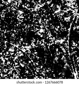 Grunge black and white abstract background. Vintage old surface in scratches, chips, cracks. Pattern for printing dirt, stains, scuffs. Texture monochrome dark