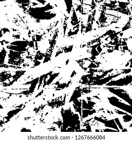Grunge black and white abstract background. Vintage old surface in scratches, chips, cracks. Pattern for printing dirt, stains, scuffs. Texture monochrome dark