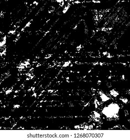 Grunge black and white abstract background. Vintage old surface in scratches, chips, cracks. Pattern for printing dirt, stains, scuffs. Texture monochrome dark