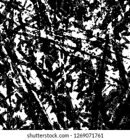 Grunge black and white abstract background. Vintage old surface in scratches, chips, cracks. Pattern for printing dirt, stains, scuffs. Texture monochrome dark