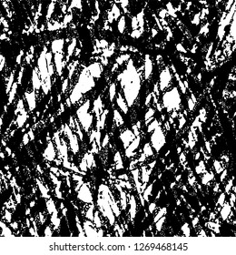 Grunge black and white abstract background. Vintage old surface in scratches, chips, cracks. Pattern for printing dirt, stains, scuffs. Texture monochrome dark