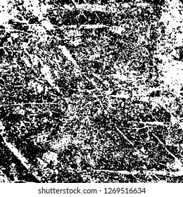 Grunge black and white abstract background. Vintage old surface in scratches, chips, cracks. Pattern for printing dirt, stains, scuffs. Texture monochrome dark