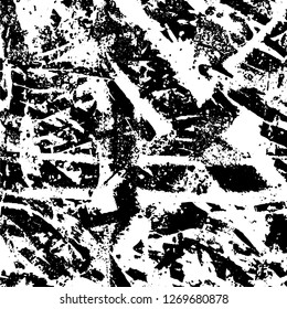 Grunge black and white abstract background. Vintage old surface in scratches, chips, cracks. Pattern for printing dirt, stains, scuffs. Texture monochrome dark