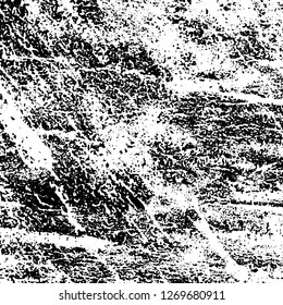 Grunge black and white abstract background. Vintage old surface in scratches, chips, cracks. Pattern for printing dirt, stains, scuffs. Texture monochrome dark
