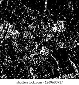 Grunge black and white abstract background. Vintage old surface in scratches, chips, cracks. Pattern for printing dirt, stains, scuffs. Texture monochrome dark
