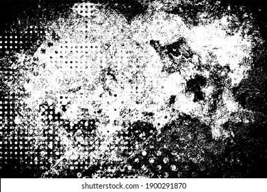 Grunge black and white. Abstract monochrome texture. Pattern of cracks, scratches, chips, dust, dirt. Old worn surface. Black and white vector background