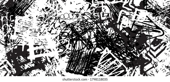 Grunge black and white. Abstract seamless background. The texture is repetitive. Template for printing on fabric, paper, wrapper. A chaotic backdrop of graffiti