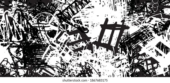 Grunge black and white. Abstract seamless background. The texture is repetitive. Template for printing on fabric, paper, wrapper. A chaotic backdrop of graffiti
