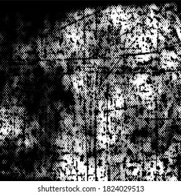 Grunge black and white. Background of scratches, chips, cracks, and scuffs. Abstract texture of dirt, dust, and wear. Chaotic monochrome pattern of the old surface