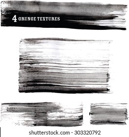 Grunge black and white brush stroke textures. Black ink on white background grunge textures. 4 Vector textures