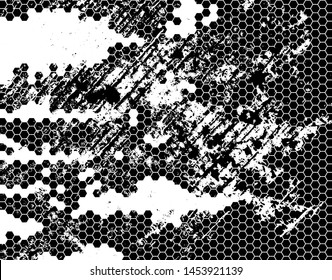 Grunge Black and White Distress Texture. Isolated on white background. Distress hexagonal grid.