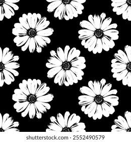 Grunge schwarz-weiße Blumen Daisy Blumen nahtlose Muster karierten Hintergrund. Trendy Kamille Blumendruck Kratzer und Abrieb monochrome Textur