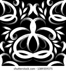 Grunge black and white floral vector seamless pattern. Abstract ornamental Damask background. Arabesque repeat backdrop. Hand drawn grungy flowers, leaves, lines, swirls. Ornate texture. Modern design