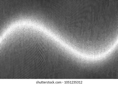 Grunge black and white halftone dots pattern texture background. Abstract curves. Black pixels. Modern dotted vector illustration. Abstract wavy lines. Points backdrop. Grungy spotted pattern