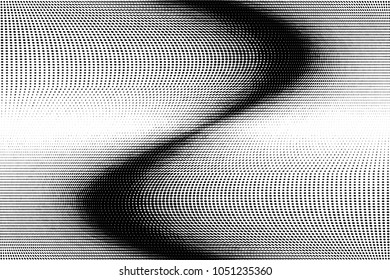 Grunge black and white halftone dots pattern texture background. Abstract curves. Black pixels. Modern dotted vector illustration. Abstract wavy lines. Points backdrop. Grungy spotted pattern