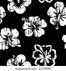 Grunge, black and white hibiscus seamless tile pattern.