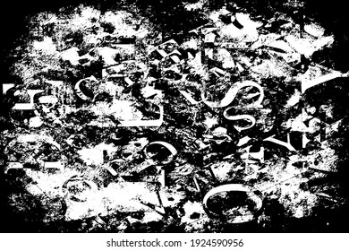 Grunge black and white. Monochrome texture of dirt, chips, and dust. Pattern of black scratches, scuffs on a white background. Abstract ink spot randomly arranged