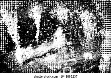 Grunge black and white. Monochrome texture of dirt, chips, and dust. Pattern of black scratches, scuffs on a white background. Abstract ink spot randomly arranged