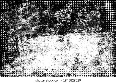 Grunge black and white. Monochrome texture of dirt, chips, and dust. Pattern of black scratches, scuffs on a white background. Abstract ink spot randomly arranged