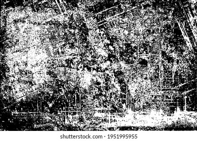 Grunge black and white. Monochrome texture of dirt, chips, and dust. Pattern of black scratches, scuffs on a white background. Abstract ink spot randomly arranged