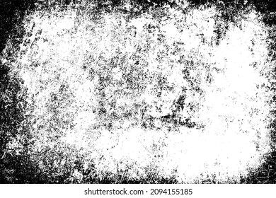 Grunge black and white. Monochrome texture of dirt, chips, and dust. Pattern of black scratches, scuffs on a white background. Abstract ink spot randomly arranged