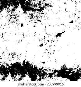 Grunge black white. Monochrome vector texture. The pattern of ink stains, cracks, fading. Overlay aged grainy messy template. Renovate wall scratched backdrop