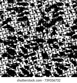 Grunge black white. Monochrome vector texture. The pattern of ink stains, cracks, fading. Overlay aged grainy messy template. Renovate wall scratched backdrop