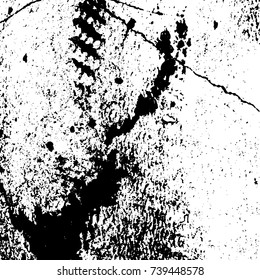 Grunge black white. Monochrome vector texture. The pattern of ink stains, cracks, fading. Overlay aged grainy messy template. Renovate wall scratched backdrop