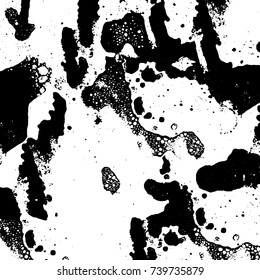 Grunge black white. Monochrome vector texture. The pattern of ink stains, cracks, fading. Overlay aged grainy messy template. Renovate wall scratched backdrop