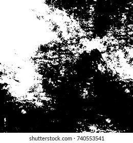 Grunge black white. Monochrome vector texture. The pattern of ink stains, cracks, fading. Overlay aged grainy messy template. Renovate wall scratched backdrop