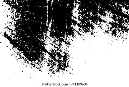 Grunge black white. Monochrome vector texture. The pattern of ink stains, cracks, fading. Overlay aged grainy messy template. Renovate wall scratched backdrop