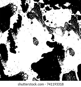 Grunge black white. Monochrome vector texture. The pattern of ink stains, cracks, fading. Overlay aged grainy messy template. Renovate wall scratched backdrop