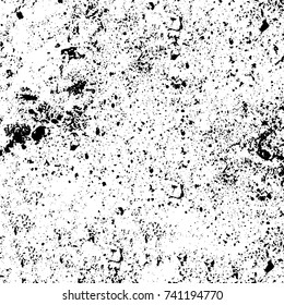 Grunge black white. Monochrome vector texture. The pattern of ink stains, cracks, fading. Overlay aged grainy messy template. Renovate wall scratched backdrop