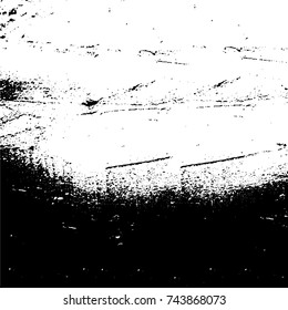 Grunge black white. Monochrome vector texture. The pattern of ink stains, cracks, fading. Overlay aged grainy messy template. Renovate wall scratched backdrop