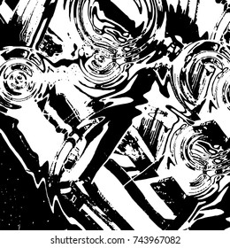 Grunge black white. Monochrome vector texture. The pattern of ink stains, cracks, fading. Overlay aged grainy messy template. Renovate wall scratched backdrop