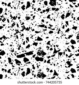 Grunge black white. Monochrome vector texture. The pattern of ink stains, cracks, fading. Overlay aged grainy messy template. Renovate wall scratched backdrop