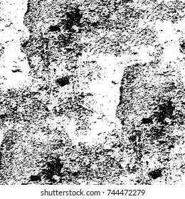 Grunge black white. Monochrome vector texture. The pattern of ink stains, cracks, fading. Overlay aged grainy messy template. Renovate wall scratched backdrop