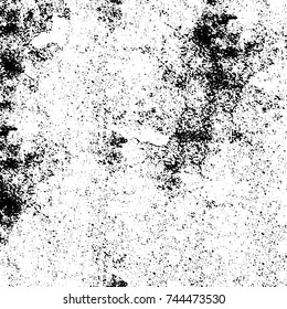 Grunge black white. Monochrome vector texture. The pattern of ink stains, cracks, fading. Overlay aged grainy messy template. Renovate wall scratched backdrop