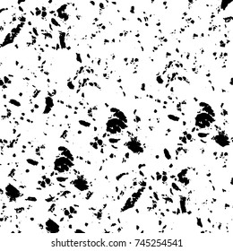 Grunge black white. Monochrome vector texture. The pattern of ink stains, cracks, fading. Overlay aged grainy messy template. Renovate wall scratched backdrop