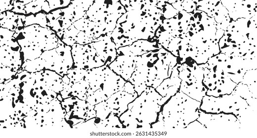 Grunge black and white pattern. Monochrome particles abstract texture. Background of cracks, scuffs, chips, stains, ink spots, lines. Dark design background surface. Gray printing element.eps 10