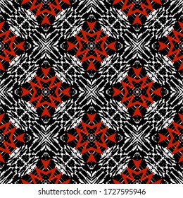 Grunge black white red geometric seamless pattern. Vector tribal ethnic style textured background. Grungy abstract symmetry zigzag ornament. Geometry shapes, zig zag lines, spots.  Rough dirty texture