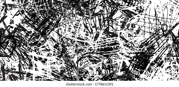 Grunge black and white. Seamless texture. Abstract geometric pattern. Chaos and random. Modern art drawing painting