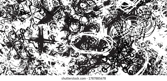 Grunge black and white. Seamless texture. Abstract geometric pattern. Chaos and random. Modern art drawing painting