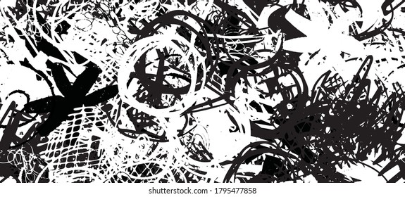 Grunge black and white. Seamless texture. Abstract geometric pattern. Chaos and random. Modern art drawing painting