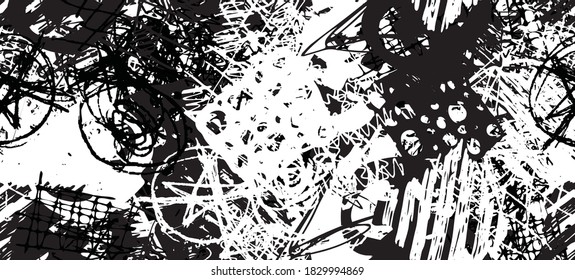 Grunge black and white. Seamless texture. Abstract geometric pattern. Chaos and random. Modern art drawing painting