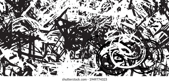 Grunge black and white. Seamless texture. Abstract geometric pattern. Chaos and random. Modern art drawing painting