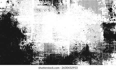 grunge black and white texture featuring halftone dots and dust screen print effect for creative applications